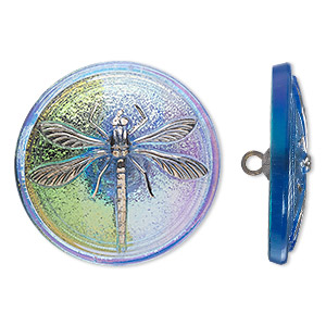 Button, Czech glass and brass, iridescent sapphire blue and silver, 31mm round with dragonfly design. Sold individually.