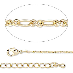 Chain, gold-finished steel and brass, 1.7mm figure 8, 7-1/2 inches with 2-inch extender chain and lobster claw clasp. Sold individually.