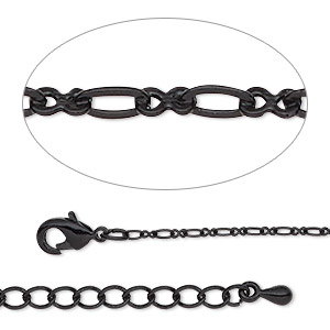 Chain, black-finished steel and brass, 1.7mm figure 8, 7-1/2 inches with 2-inch extender chain and lobster claw clasp. Sold individually.