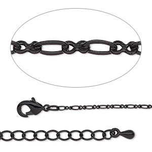 Chain, black-finished steel and brass, 1.7mm figure 8, 18 inches with 2-inch extender chain and lobster claw clasp. Sold individually.