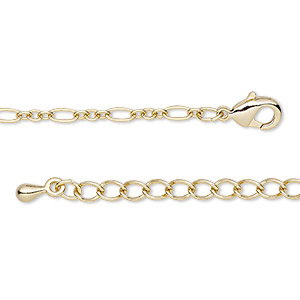 Chain, gold-finished steel and brass, 2.5mm figaro, 18 inches with 2-inch extender chain and lobster claw clasp. Sold individually.