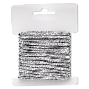 Cord, stretch, polyester and elastic, silver with glitter, 1.5mm diameter. Sold per 10-yard card.