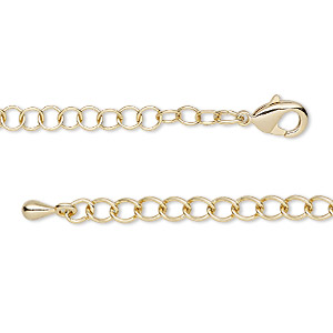 Chain, gold-finished steel and brass, 3.5mm round cable, 7-1/2 inches with 2-inch extender chain and lobster claw clasp. Sold individually.