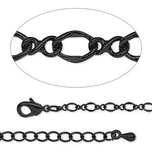 Chain, black-finished steel and brass, 2.7mm figure 8, 18 inches with 2-inch extender chain and lobster claw clasp. Sold individually.