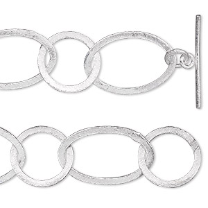 Chain, brushed silver-plated copper, 18mm long and short flat oval, 36 inches with toggle clasp. Sold individually.
