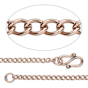 Chain, antique copper-plated brass, 2.5mm curb, 18 inches with S-hook clasp. Sold individually.