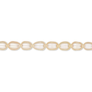 Pearl, cultured freshwater, peach, 3-4mm rice, C grade, Mohs hardness 2-1/2 to 4. Sold per 14-inch strand.