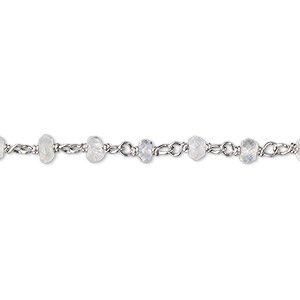 Chain, rainbow moonstone (natural) and rhodium-plated sterling silver, 3.5x2mm-4x2.5mm hand-cut faceted beaded rondelle. Sold per 36-inch strand.