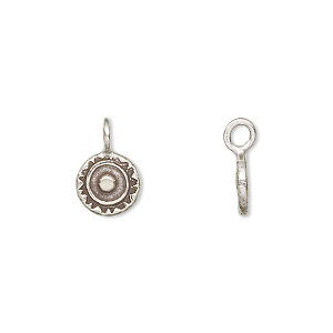 Drop, Hill Tribes, antiqued fine silver, 8mm round with sun. Sold individually.