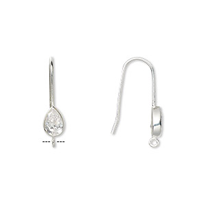 Ear wire, cubic zirconia and sterling silver, clear, 17mm fishhook with ...