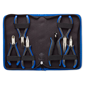 Pliers set, curved chain-nose / chain-nose / round-nose / flat-nose / side-cutter / crimp, plastic / polyester / nickel-plated steel, black and blue, 4-1/2 to 5-1/2 inches with 8-1/2 x 5-1/4 x 1-1/2 inch case. Sold per 6-piece set.