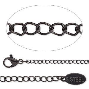 Chain, black-finished stainless steel, 1.9mm curb, 30 inches with 2-inch extender chain and lobster claw clasp. Sold individually.