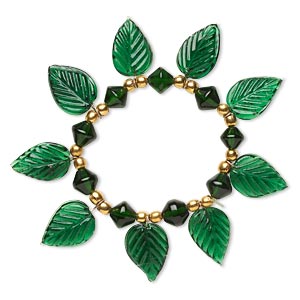 Bracelet, stretch, glass and gold-finished steel, green, 4mm round / 10x9mm double cone / 22x15mm leaf, 5-1/2 inches. Sold individually.