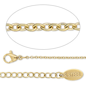 Chain, gold-finished stainless steel, 1.5mm cable, 18 inches with 2-inch extender chain and lobster claw clasp. Sold individually.