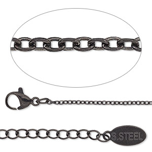Chain, black-finished stainless steel, 1.5mm cable, 20 inches with 2-inch extender chain and lobster claw clasp. Sold individually.
