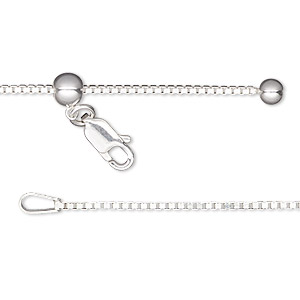 Chain, Gossamer&#153;, sterling silver and silicone, 1.1mm box chain with 4mm ball and 5mm adjustable slider bead, adjustable from 16-24 inches with lobster claw clasp. Sold individually.