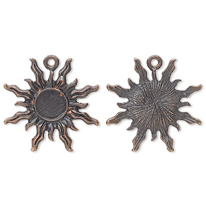 Drop, glue-in, antique copper-finished &quot;pewter&quot; (zinc-based alloy), 27mm single-sided sun with 8mm round setting. Sold per pkg of 4.