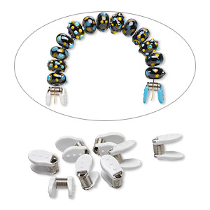 Clip, Bead Bugs&#153;, plastic and stainless steel, white or teal, 18 x 16 x 9mm with soft comfort grip. Sold per pkg of 8.