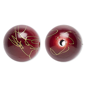 Bead, acrylic, red and gold, 26mm round with swirls. Sold per pkg of 10.