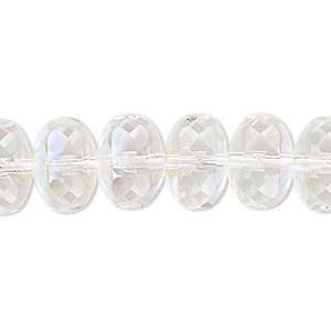 Bead, Czech fire-polished glass, clear AB, 14x9mm faceted rondelle. Sold pkg of 12.