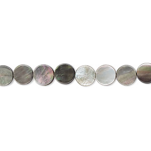 Bead, black lip shell (natural), 6mm flat round, Mohs hardness 3-1/2. Sold per 15-1/2&quot; to 16&quot; strand.