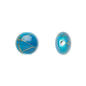 Bead, acrylic, turquoise blue and gold, 12mm puffed flat round with swirls. Sold per pkg of 160.