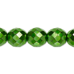 Bead, Czech fire-polished glass, opaque emerald green carmen, 12mm faceted round. Sold per 16-inch strand.