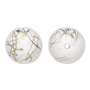 Bead, acrylic, white and gold, 18mm round with swirls. Sold per pkg of 30.