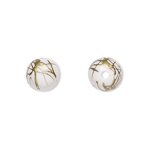 Bead, acrylic, white and gold, 10mm round with swirls. Sold per pkg of 200.