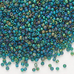 Seed bead, Dyna-Mites&#153;, glass, frosted translucent rainbow peacock, #11 round. Sold per 40-gram pkg.