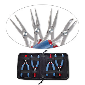 Pliers set, Tronex®, 741 flat-nose / 731 round-nose / 711 chain-nose / 752  curved-nose, steel and rubber, red / blue / white, 6 to 6-1/2 inches with  7-3/4 x 6-1/2 x 1-inch