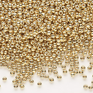 Seed bead, Dyna-Mites&#153;, glass, opaque 24Kt gold-plated, #11 round. Sold per 40-gram pkg.
