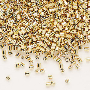 Seed bead, Dyna-Mites&#153;, glass, opaque 24Kt gold-plated, #11 hex 2-cut. Sold per 40-gram pkg.