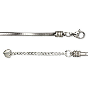 Bracelet, Dione&reg; Easy-On Chain, stainless steel, 3.1mm snake, 6-1/2 inches with 3.8mm threaded ends and 2-inch extender chain with 8x7.5mm heart and lobster claw clasp. Sold individually.