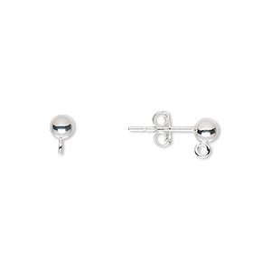 Earstud, sterling silver, 4mm ball with open loop. Sold per pkg of 5 pairs.