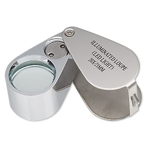 Loupe, 20x power with light, plastic / glass / stainless steel, black, 85x26mm (when open). Sold individually.