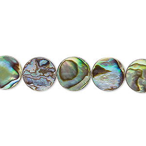 Bead, paua shell (assembled), 10mm flat round. Sold per 15-1/2&quot; to 16&quot; strand.