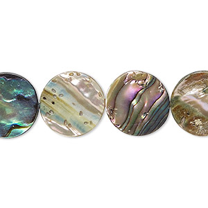 Bead, paua shell (assembled), 14mm flat round. Sold per 15-1/2&quot; to 16&quot; strand.