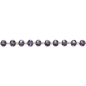 Chain, glass and stainless steel, amethyst purple, 3.5mm faceted rondelle. Sold per 1-yard section.