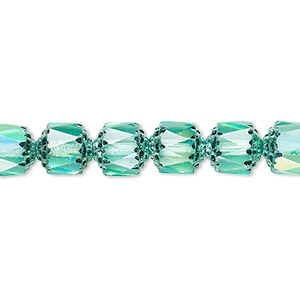 Bead, Czech dipped d&#233;cor glass, teal Apollo AB, 8mm round cathedral. Sold per 15-1/2&quot; to 16&quot; strand.