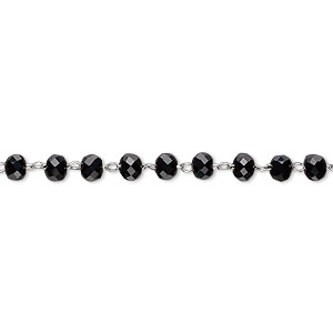 Chain, glass and stainless steel, black, 3.5mm faceted rondelle. Sold per 1-yard section.