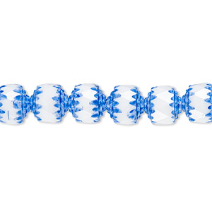 Bead, Czech dipped d&#233;cor glass, white and medium blue Apollo, 8mm round cathedral. Sold per 15-1/2&quot; to 16&quot; strand.