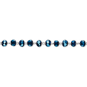 Chain, glass and stainless steel, metallic blue, 3.5mm faceted rondelle. Sold per pkg of 1 yard.