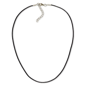 Necklace cord, leather and imitation rhodium-plated brass and steel, black, 2mm round, 18 inches with 2-inch extender chain and lobster claw clasp. Sold per pkg of 6.