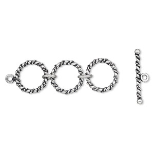 Clasp, antiqued sterling silver, 51x16mm toggle with twisted design and three rings. Sold individually.