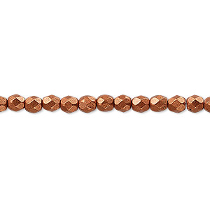 Bead, Czech fire-polished glass, opaque satin metallic copper, 4mm faceted round. Sold per 15-1/2&quot; to 16&quot; strand, approximately 100 beads.
