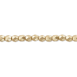 Bead, Czech fire-polished glass, opaque satin metallic gold, 4mm faceted round. Sold per 15-1/2&quot; to 16&quot; strand, approximately 100 beads.