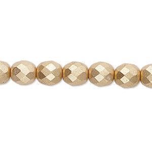 Bead, Czech fire-polished glass, opaque satin gold, 8mm faceted round. Sold per 15-1/2&quot; to 16&quot; strand, approximately 50 beads.