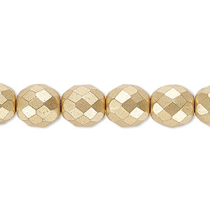 Bead, Czech fire-polished glass, opaque satin gold, 10mm faceted round. Sold per 15-1/2&quot; to 16&quot; strand, approximately 40 beads.