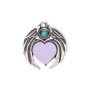 Charm, enamel and antiqued &quot;pewter&quot; (zinc-based alloy), blue and purple, 24x22mm wing and heart. Sold individually.